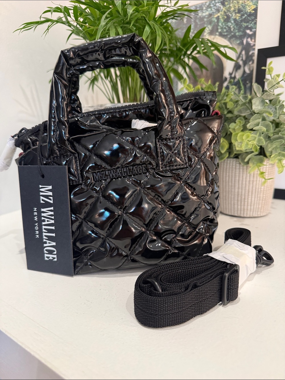 NWT MZ Wallace Petite Tote Deluxe Black Lacquer Quilted Crossbody Bag
